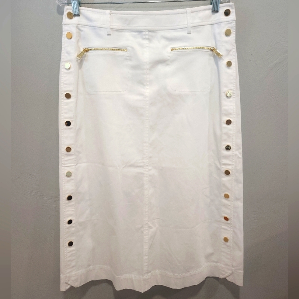 WORTH NEW YORK~ NWOT white midi skirt with gold zippers and buttons. Sz 6